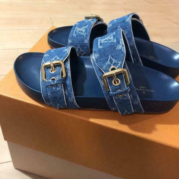 Auth Louis Vuitton Bom Dia Denim Monogram Flat Mul